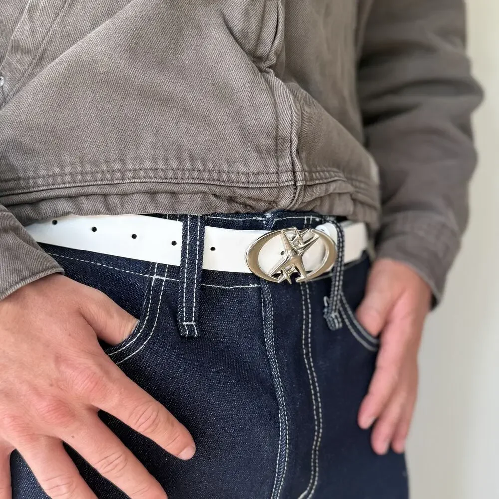 2000s White Silver Star Belt Adjustable Fits 26-34 Unisex Y2K Streetwear